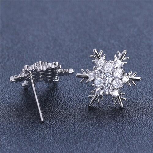 Women Fashion Jewelry Snowflake Shape Stud Earring White Blue Crystal Earrings Cute Earrings For Girl