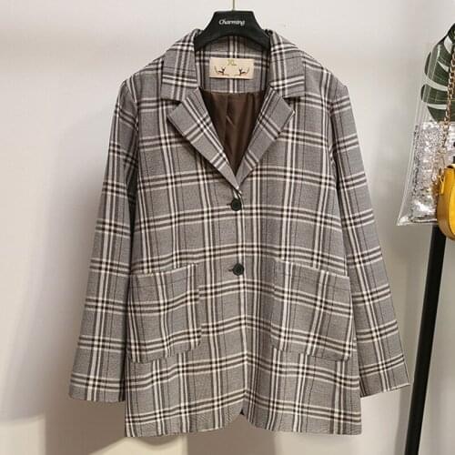 2019 New Casual Ladies Notched Collar Plaid Women Blazer Autumn Jacket Pockets Female Suits Coat Blazers Outerwear Tops M350