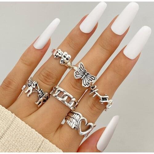 Vintage Silver Plated Angel Wings Ring for Womens Gothic Punk Steampunk Heart Butterfly Skull Ring Sets Party Jewelry 2021