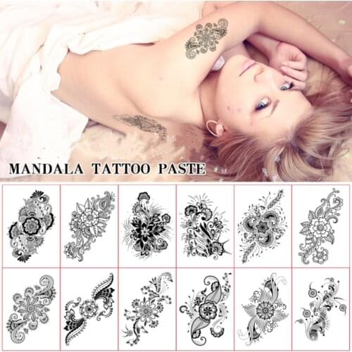 36pcs Black Sketch Flower Fake Tattoo Stickers for Women Men Arm Body Art Wrist Waist Temporary Tattos Flos Daturae Tatoos Decal