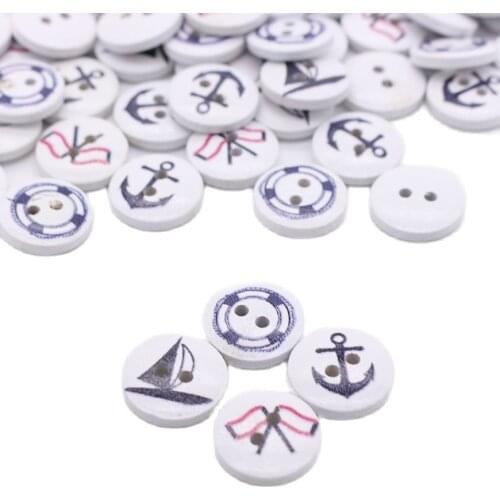 50pcs15mm Retro Black White anchor/rudder/ship Painting Wood Sewing Buttons Scrapbooking Round 2 Holes Mixed For handmake