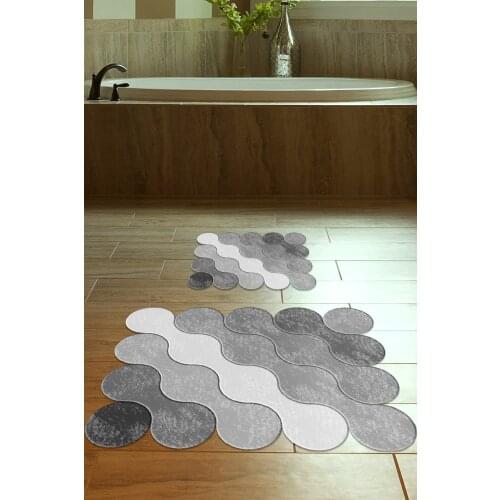 60x90 - 50x60 Grey Drop Digital Bath Mat Laser Cutting 2'li Toilet Seat Pad Digital Print Polyester figured Slip-Resistant Outsole