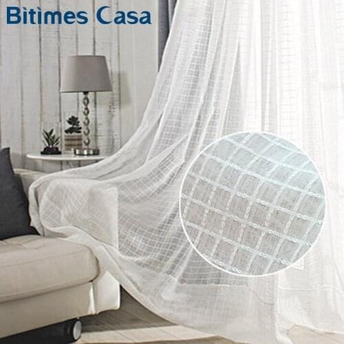 White Color Plaid Linen Windows Screening Voile Tulle Curtain For Living Room Bedroom Home Decoration