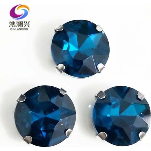 Free shipping Peacock blue round shape good quality Glass Crystal sew on rhinestones with holes,Diy Clothing accessories SWB15