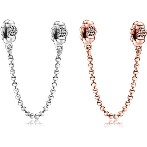 Fit Original Pandora Clear CZ Round Spacer Charms Bracelet Women Rose Silver Color Safety Chain Stopper Beads for Jewelry Making