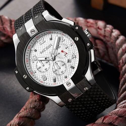 MEGIR Quartz Watch Mens Casual 3D Engraved Dial Black Silicone watches 3ATM Water Resistant Chronograph Mens WristWatch