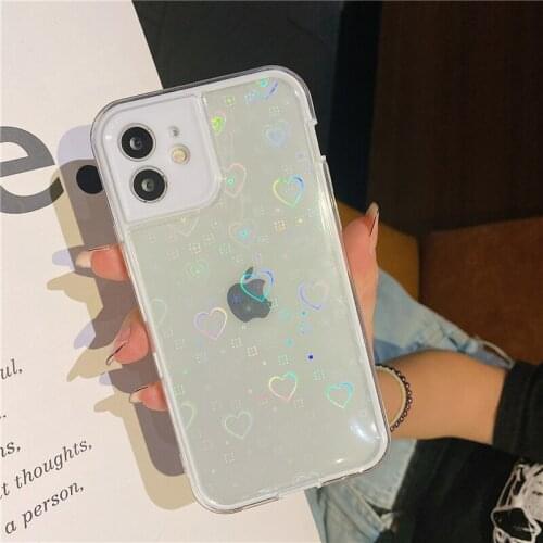 Cute Gradient Love Heart Laser Pattern Case For iPhone 11 12 Pro Max X XS XR 7 8 Plus SE2020 Shockproof Transparent Bumper Cover