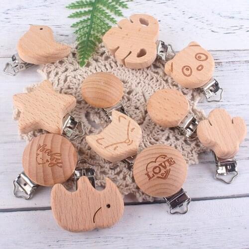Baby Products Pacifier Clip Cartoon Animal Log Beech Wood Safe Wooden DIY Baby Soother Nursing Dummy Draft Teething Toys Clips