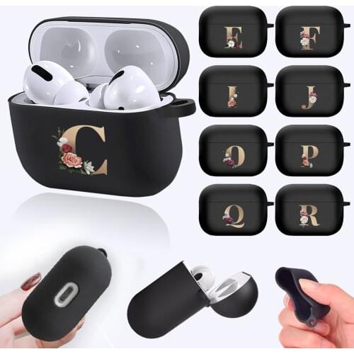For Apple AirPods Pro A2084 A2083 Cute Floral Gold Initial Letter Pattern Black Silicone Wireless Bluetooth Earphone Cover Cases