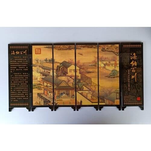 China Collect Exquisite Lacquer PaIntIng All Rivers Run Into Sea Small Folding Screens Handicraft Home Decoration