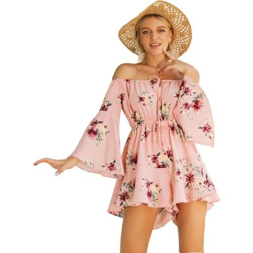 KL270 Big Size Women Floral Playsuit Off Should Elegant Woman Jumpsuit Romper Pink Casual Boho Jumpsuit
