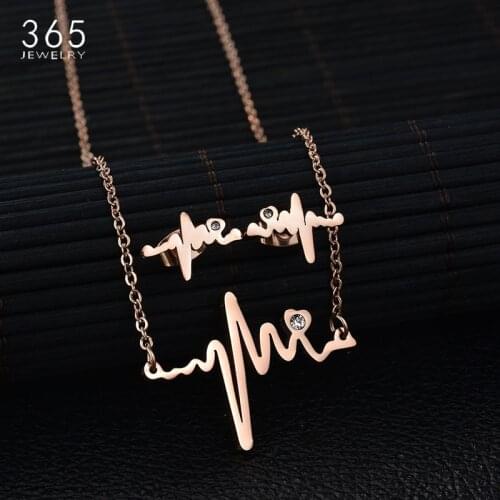 Trendy Simple LOVE Heart Women Jewelry Set Never Fade Stainless Steel CZ Stone Necklace Earring Set Party Gift