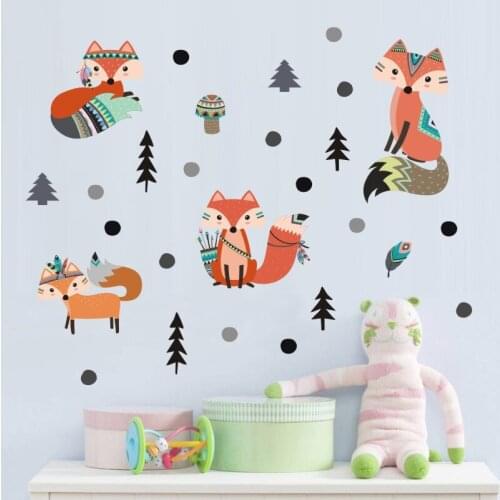 Cartoon Fox Wall Stickers Childrens Room Bedroom Home Decor Aesthetic Kindergarten Decoration Self Adhesive Mural