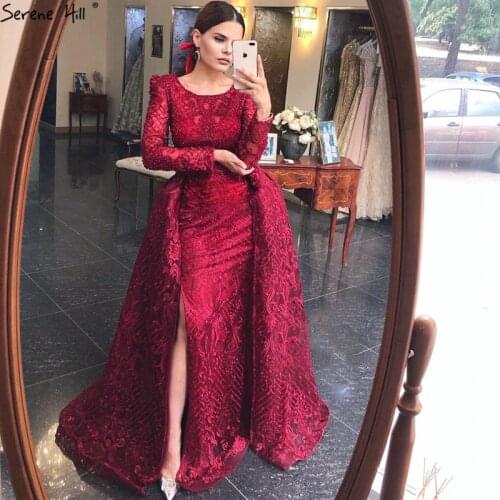 Muslim Wine Red Long Puff Sleeves With Train Mermaid Evening Dresses Gowns 2021 Formal Dress For woman Serene Hill LA70406
