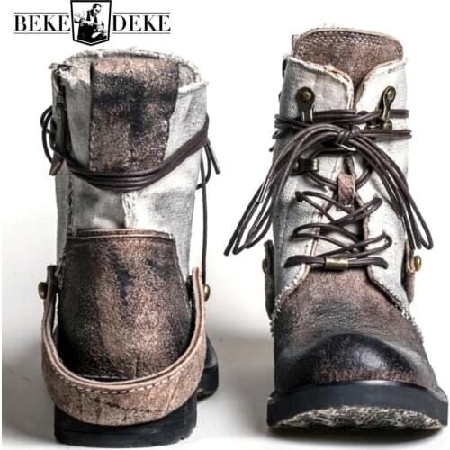Top Quality Designer Vintage Cowhide Mens Ankle Boots Canvas Patchwork Genuine Leather Lace Up Breathable Casual Cargo Boots