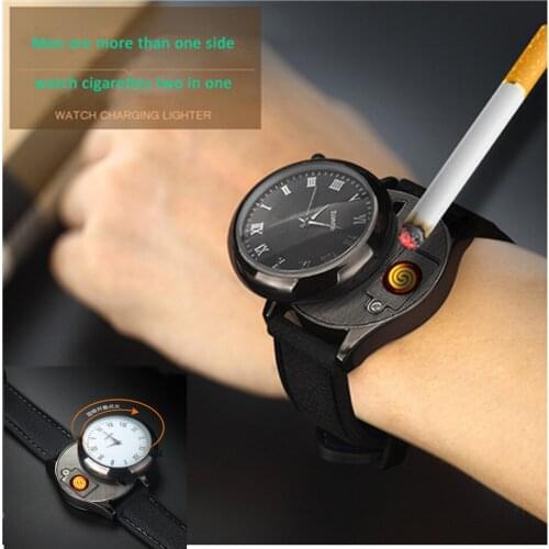 2 in1 Watch Men Lighter USB Charging Casual Quartz Wristwatches Flameless Cigarette Lighter Replaceable heating wire Clock