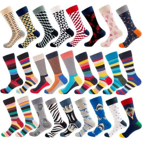 Men Happy Socks Geometric Plaid Dot Stripe Pattern Funny Men Crew Socks Casual Warm Cotton Unisex Long Socks Gift for Men