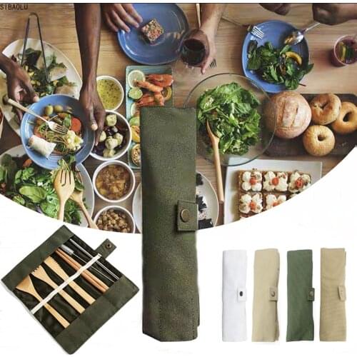 7PCS Set Wooden Flatware Cutlery Set Bamboo Straw Dinnerware Set With Cloth Bag Knives Fork Spoon Chopsticks Travel Kitchen