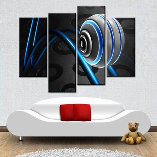 Wall-to-wall Picture 4Panel Black Background Abstract Blue Lines Canvas Print Wall Art Painting Home Decoration Living Room