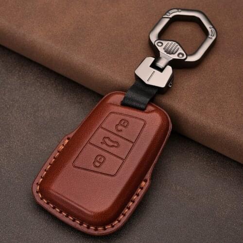 Genuine Leather Car Key Case Protector Fit For VW Volkswagen Magotan Passat B8 Kodiaq Smart Keychain Remote Fob Protector Case