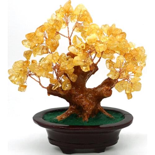 Natural Crystal Citrine Quartz Gemstone Bonsai Healing Reiki Lucky Money Tree Home Office Decor