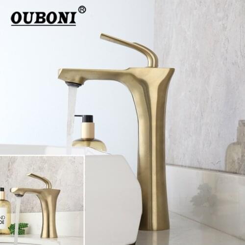 OUBONI Brushed Gold Bathroom Basin Sink Faucet Solid Brass Deck Mounted Unique Handle Counter Top Water Basin Mixer Tap Faucet