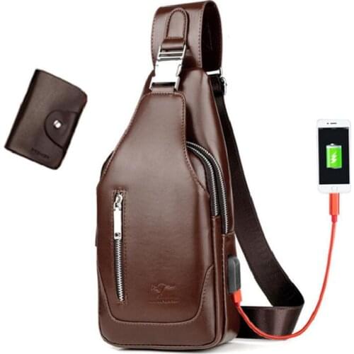 Mens Fashion Crossbody Bags USB Charging Anti Theft PU Leather Chest Bags Men Shoulder Bags Male Casual Solid Chest Bag Satchel