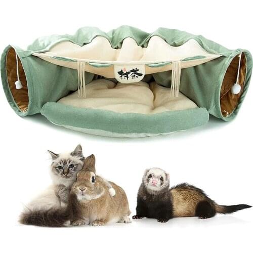 Cat Tunnel Bed, 2-in-1 Collapsible Cat Tunnel Tubes Toys with Removable Mat for Pet Cats Kittens Puppies Rabbits Bunnies Ferrets