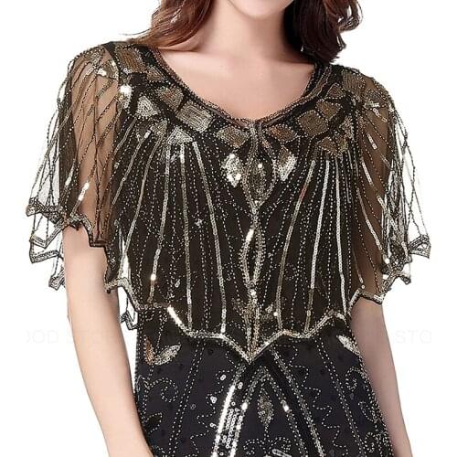 Womens Vintage 1920s Shawl Beaded Sequin Bolero Flapper Evening Cape Bridal Shawl Bolero Flapper Cover Up Gold Black