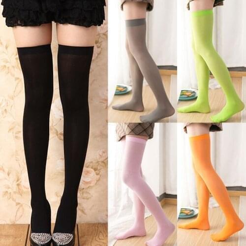 Women Over Knee Sheer Socks Candy Color Velvet Stockings Non-Slip Thigh High Hold Ups Cosplay