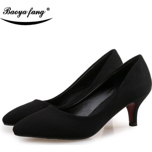 BaoYaFang Flock Ladies shoes High heels fashion Pumps women office shoes Red sole Thin heel Pumps black/red/pink/apricot