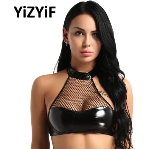Women Sexy bikini top swimsuit Neck Halter Backless Lingerie Fishnet Faux Leather Wire-free Unlined Bra Tops Crop Top swimwear