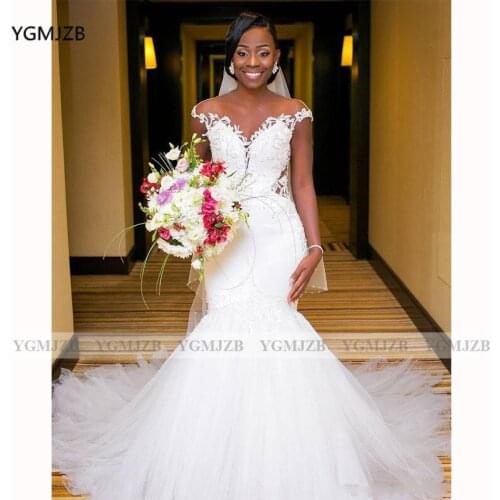 African White Mermaid Wedding Dress Plus Size Women 2020 Off Shoulder Appliques Lace Bridal Dress Wedding Gown Vestidos de novia