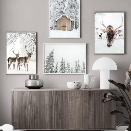 Winter Snow House Deer Forest Landscape Wall Art Canvas Painting Nordic Posters And Prints Wall Pictures For Living Room Decor