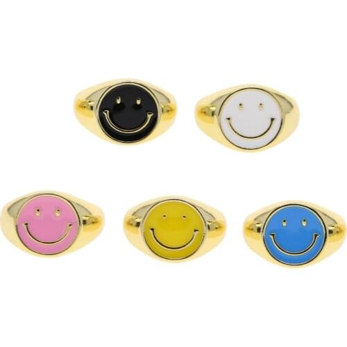 Gold Color Open Size 7 Colorful Enamel Happy Smile Smiley Face Big Dome Women Finger Ring Colorful Summer Jewelry