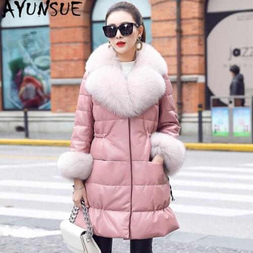 AYUNSUE 2020 New Winter Leather Down Jacket Women Fox Fur Collar 100% Sheepskin Coat Korean Womens Leather Jackets MF7209
