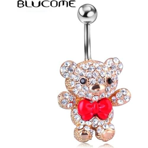 Blucome Red Bow Tie Little Bear Belly Button Rings Body Piercing Jewelry Women 316L Surgical Steel Piercing 14G 1.6mm Bar