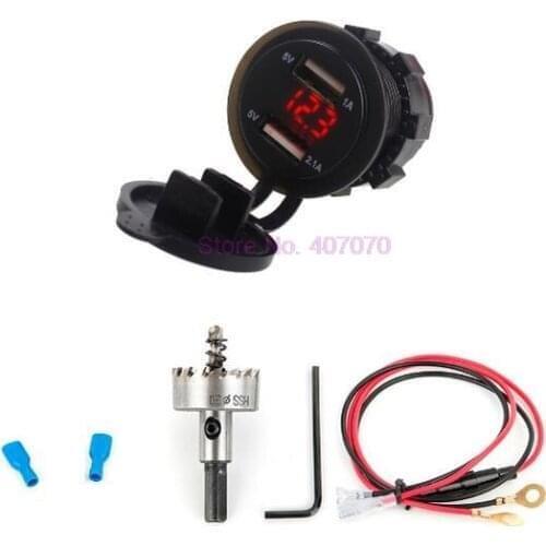 By DHL or Fedex 100pcs new Dual USB Car Charger Adapter Cigarette Lighter Socket +LED Digital Voltmeter Meter+30mm HSS Drilling