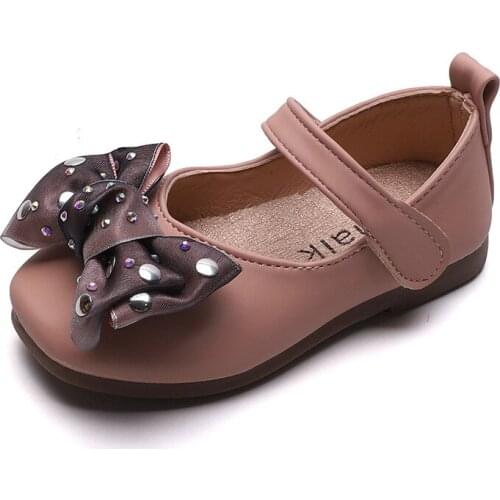 Spring Autumn Beige Pink Kids Princess Shoes For Wedding Party Baby Toddler Shoes Little Girls Bow Leather Shoes Chaussure Fille