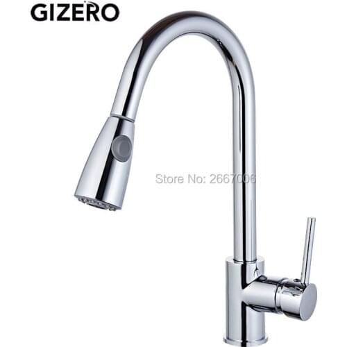 GIZERO Free shipping Single Handle Deck Mounted Pull Out Sprayer Kitchen Faucet Tap Hot Cold Chrome Brass Mixer Taps Crane GI880
