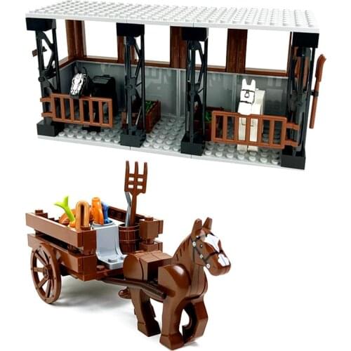 Horse Stable Carriage Blocks City Farm Accessories Classic Building Bricks Parts Construction Toys Farmland Horse Cart Bloques