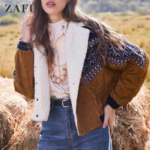 ZAFUL Jacket Coats Women Vintage Outwear Tunic Double Breasted Tribal Print Faux Shearling Panel Corduroy Jacket For Fall Winter
