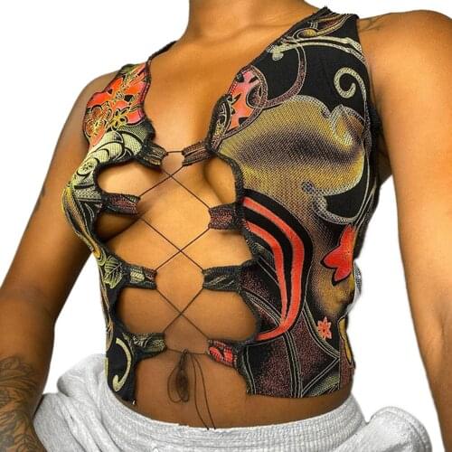 Summer Womens Sexy Crop Tank Tops Punk Style Sleeveless Hollow Out Lace Up Floral Print Patchwork Vest