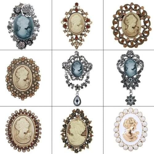 Fashion Brooch Crystal Rhinestones Cameo Vintage Brooches For Women Queens Cameo Beauty Brooch Pin Clothing Accessory Girl Gift