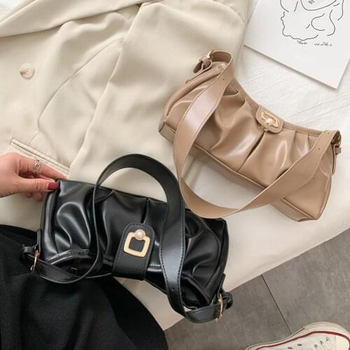 Fashion Pleated PU Leather Handbag Totes Portable Women Solid Color Casual Underarm Shoulder Bags Travel Clutches
