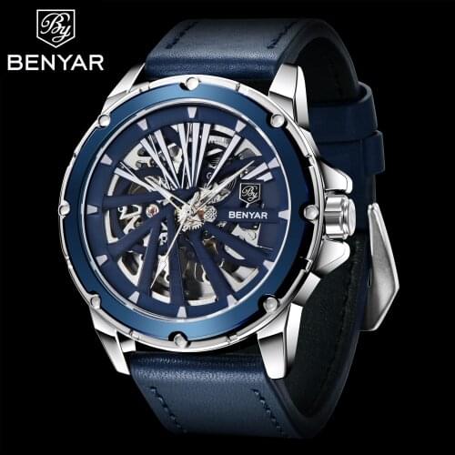 Benyar 2021 New Simple Design Mens Automatic Mechanical Watches Waterproof Double-sided Hollow Gavenew Wheel Watch Reloj Hombre
