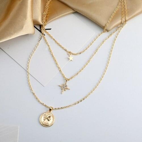 New Multi-layer Five Pointed Star Human Head Crystal Pendant Necklace Fashion Personality Jewelry Necklace