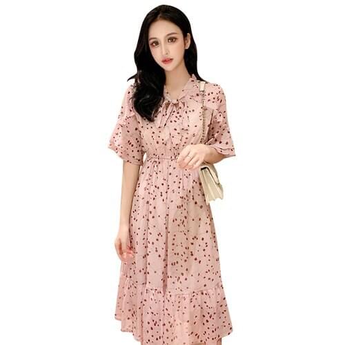 Muyoms New Arrival Print Sweet A-line Floral Ruffles Knee-length Butterfly Sleeve Bow Summer Dress Chiffon Women Cherry Dress
