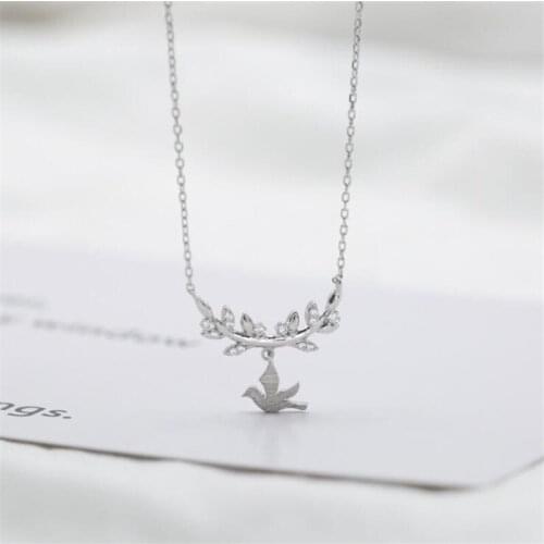 New Personality Spring Leaf Cute Swallow 925 Sterling Silver Jewelry Temperament Branch Exquisite Crystal Popular Necklaces H483
