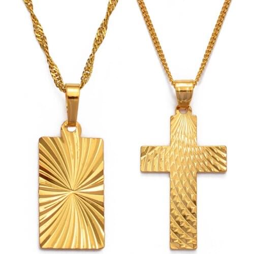 Anniyo Rectangle Charm Pendants Necklaces,Gold Color CrossPendants Chains Christian Catholic Religious Ornaments #010509